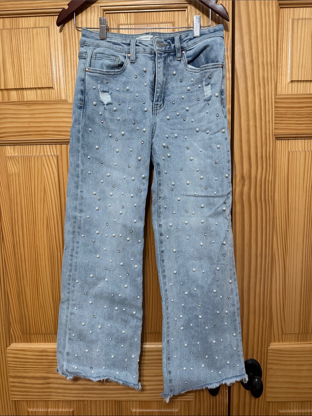 Altar'd State Light Blue Pearl-Embellished Wide-Leg Jeans